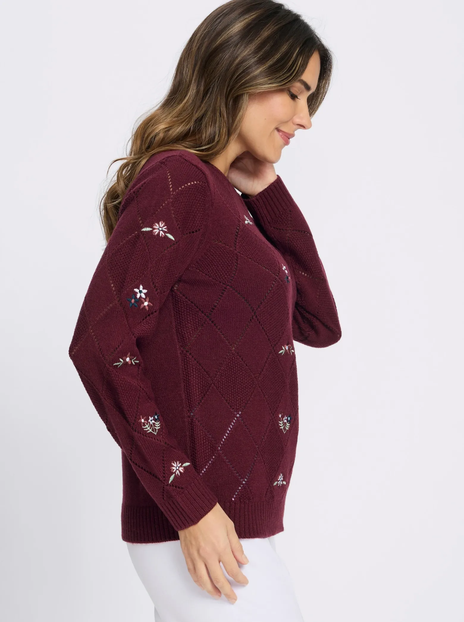 Ajourpullover mit floraler Stickerei