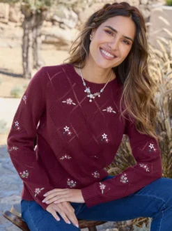 Ajourpullover mit floraler Stickerei
