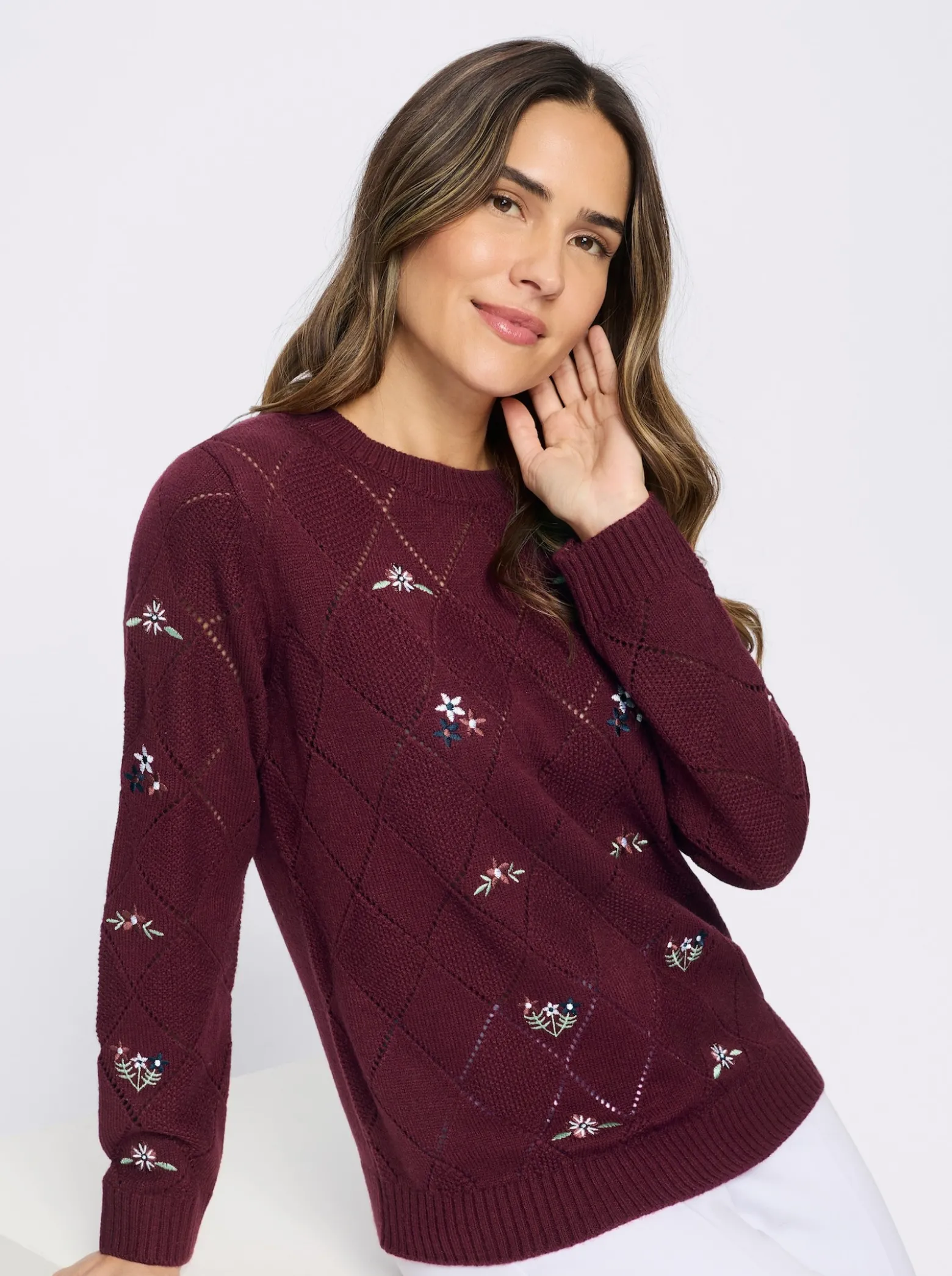 Ajourpullover mit floraler Stickerei