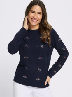 Ajourpullover mit floraler Stickerei