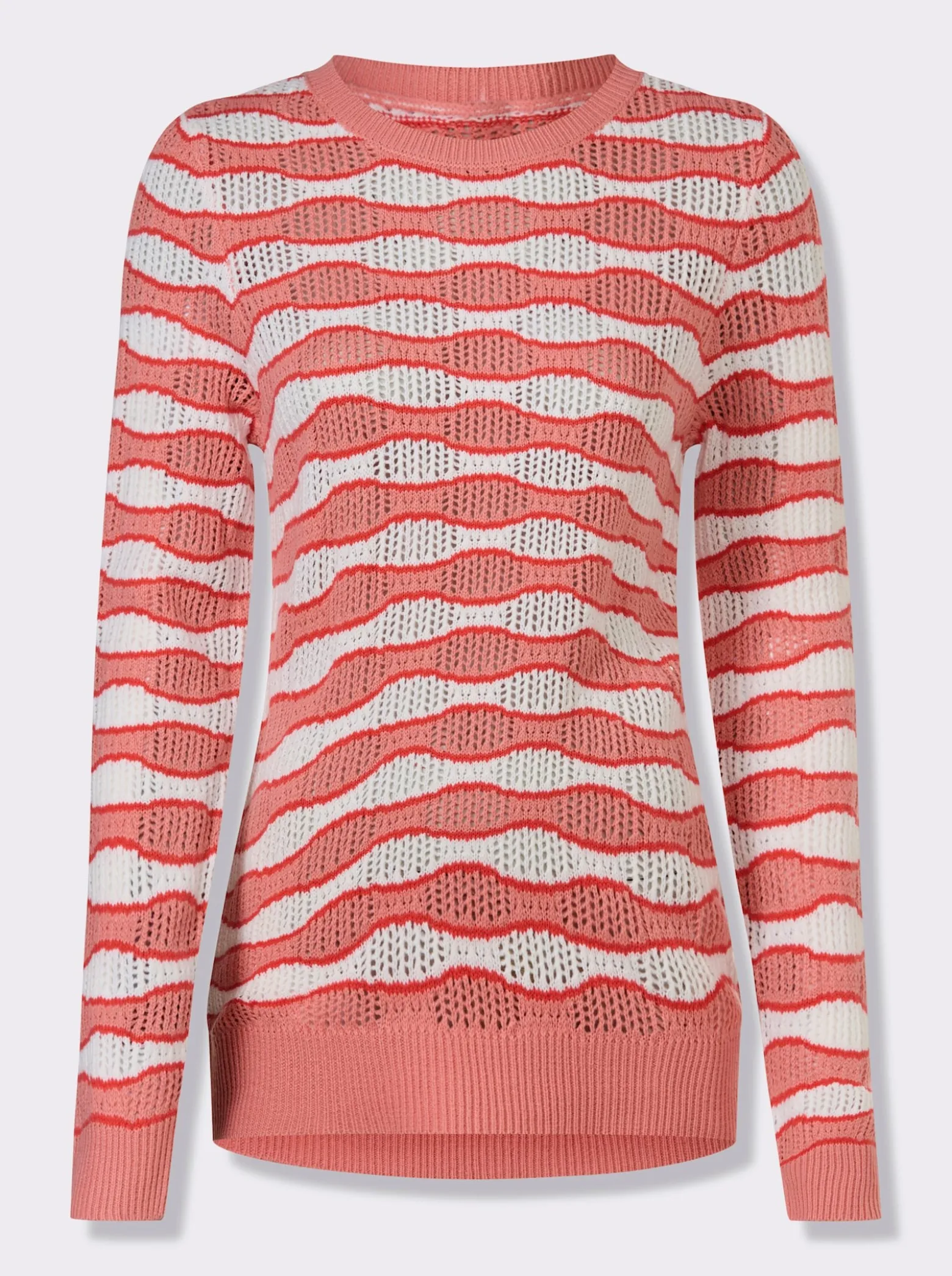 Ajourpullover mit gewelltem Streifen-Dessin