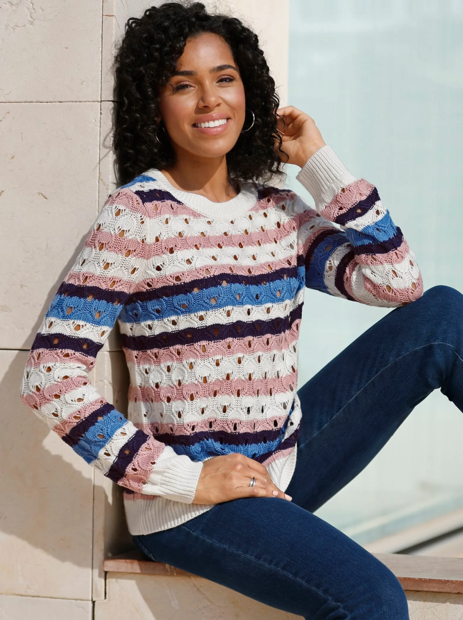 Ajourpullover mit Streifen-Muster