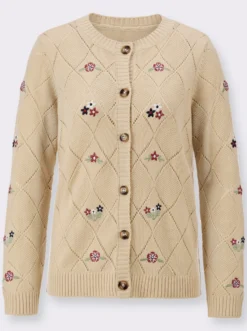 Ajourstrickjacke mit Blütenstickereien