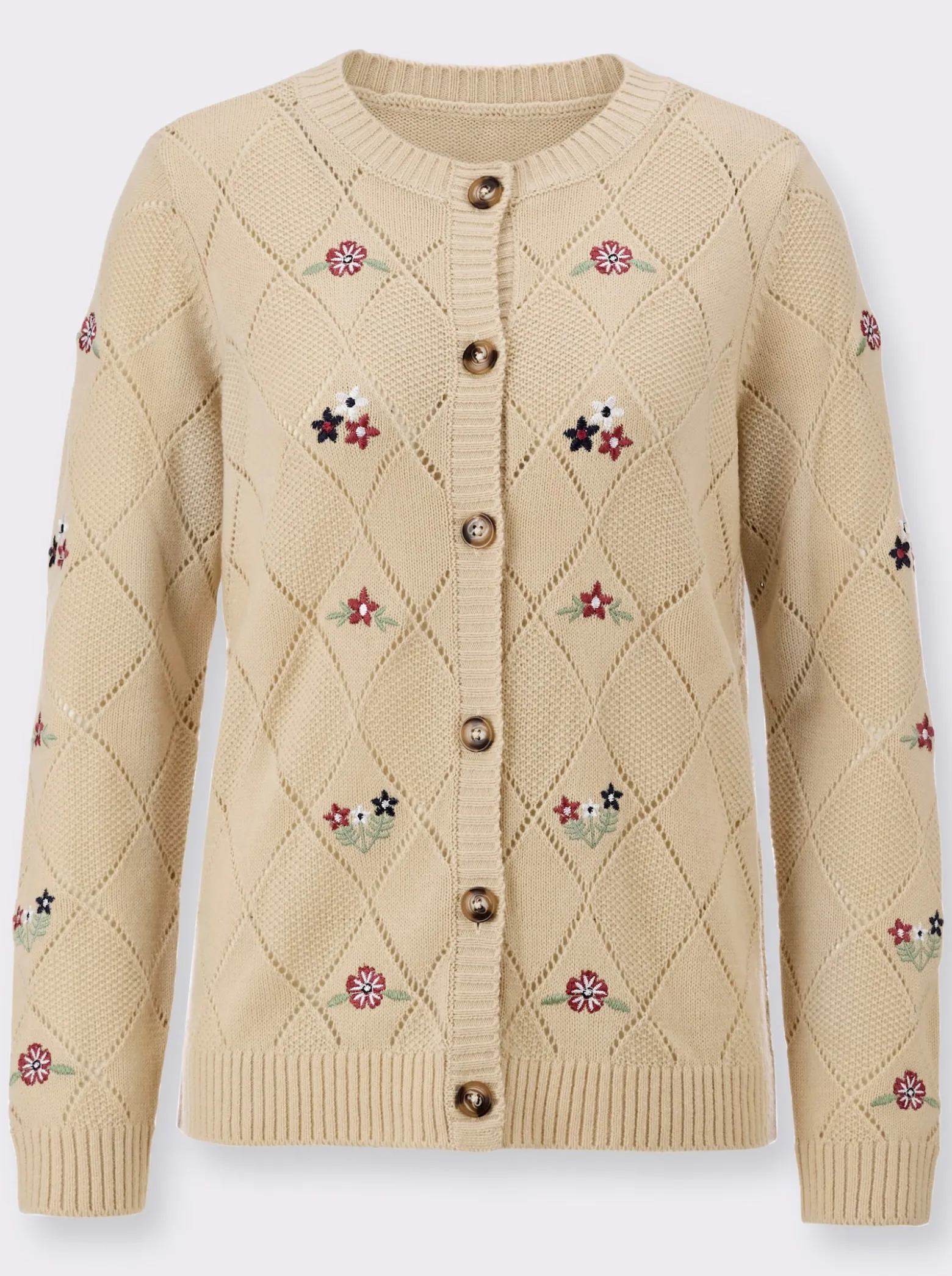 Ajourstrickjacke mit Blütenstickereien