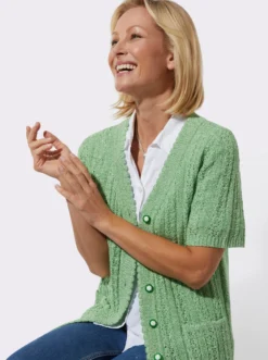 Ajourstrickjacke mit Taschen, aufgesetzt