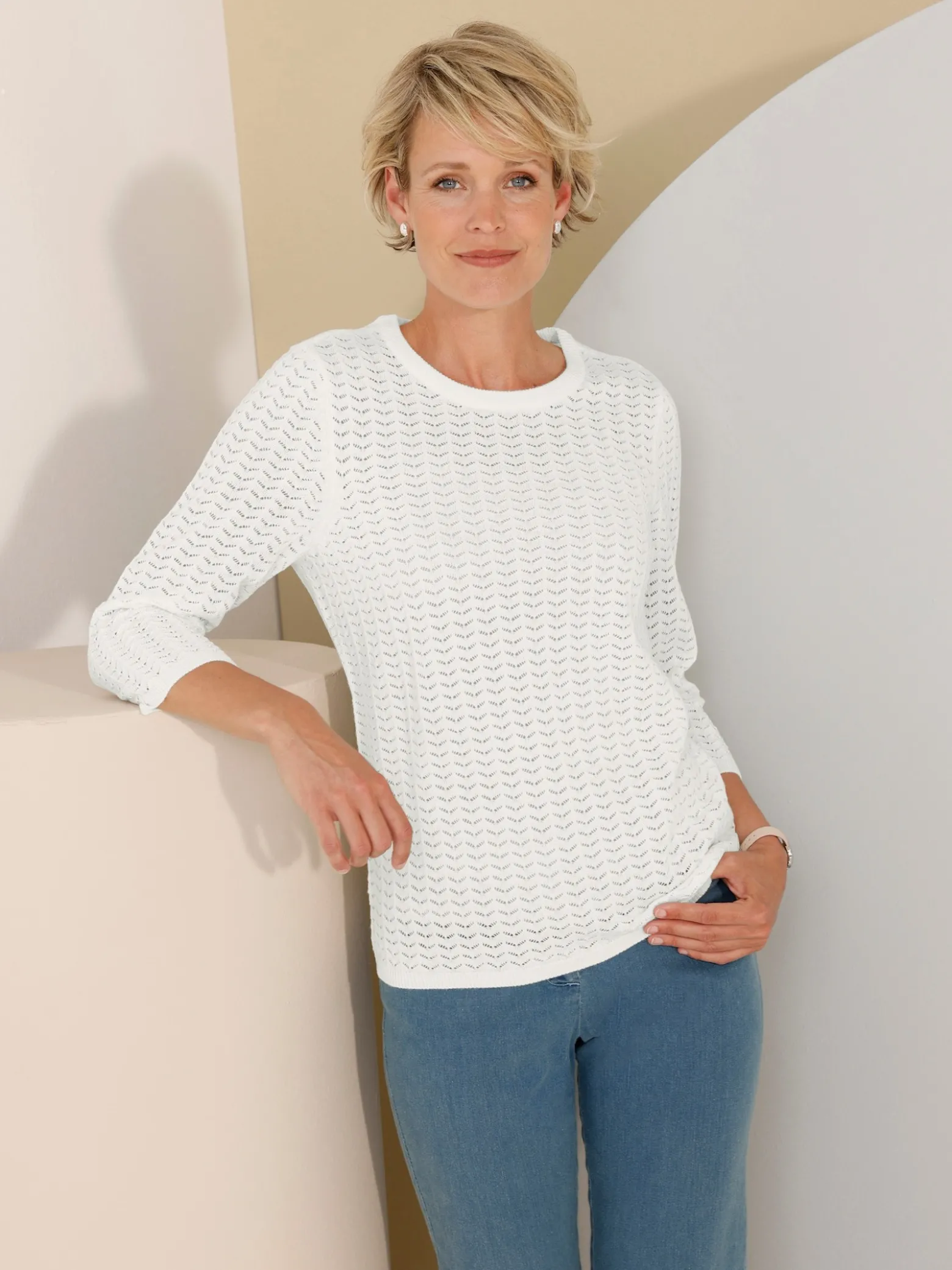 3/4-Arm-Pullover mit Ajour-Muster
