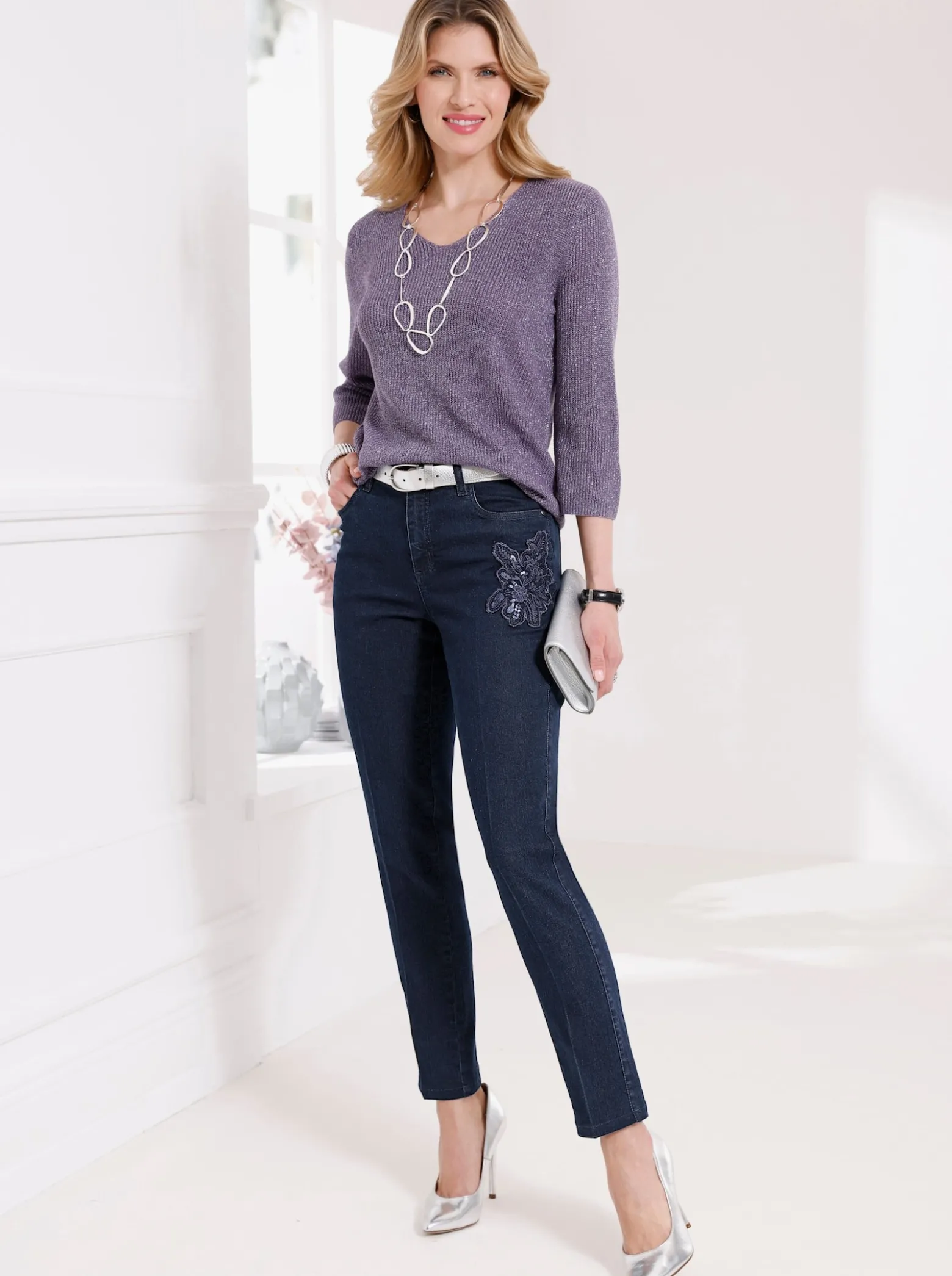 3/4-Arm-Pullover mit Glanzgarnen