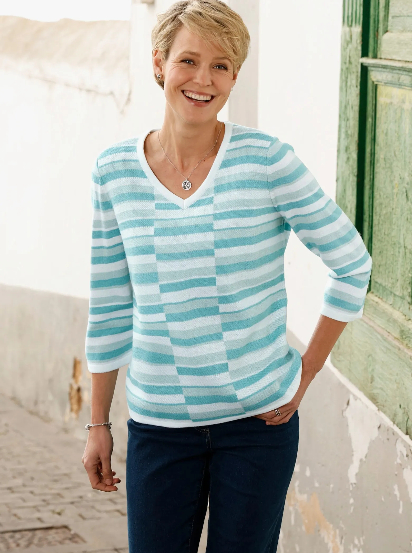 3/4-Arm-Pullover mit Streifen-Muster