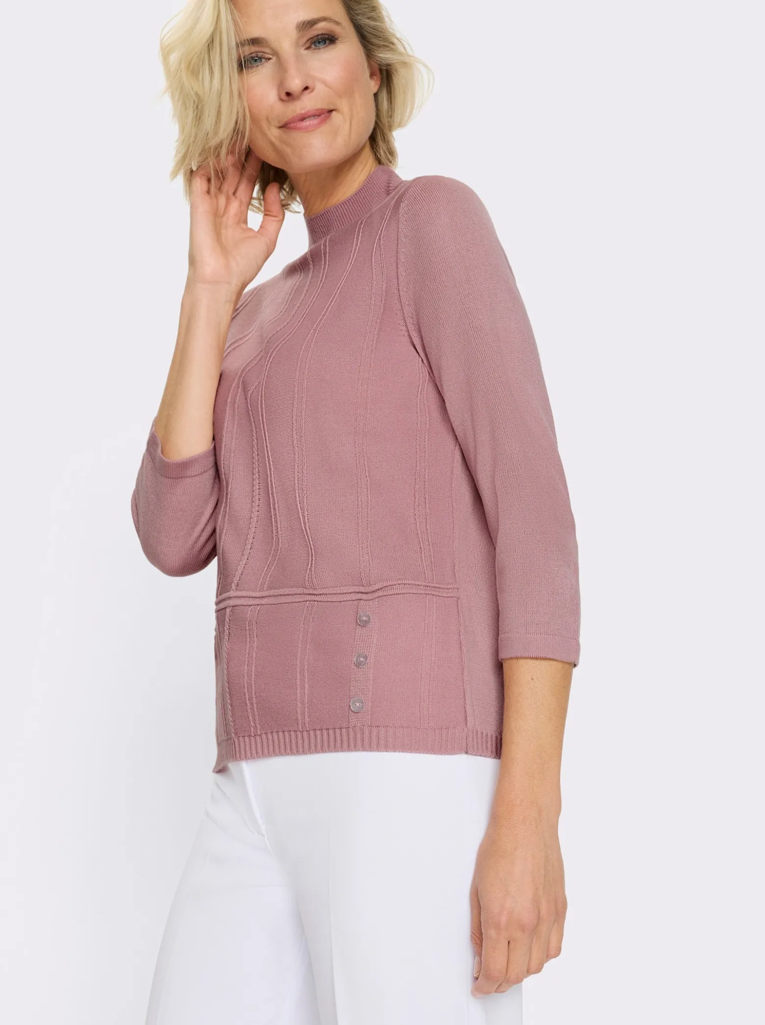 3/4-Arm-Pullover mit Zierknopfleiste