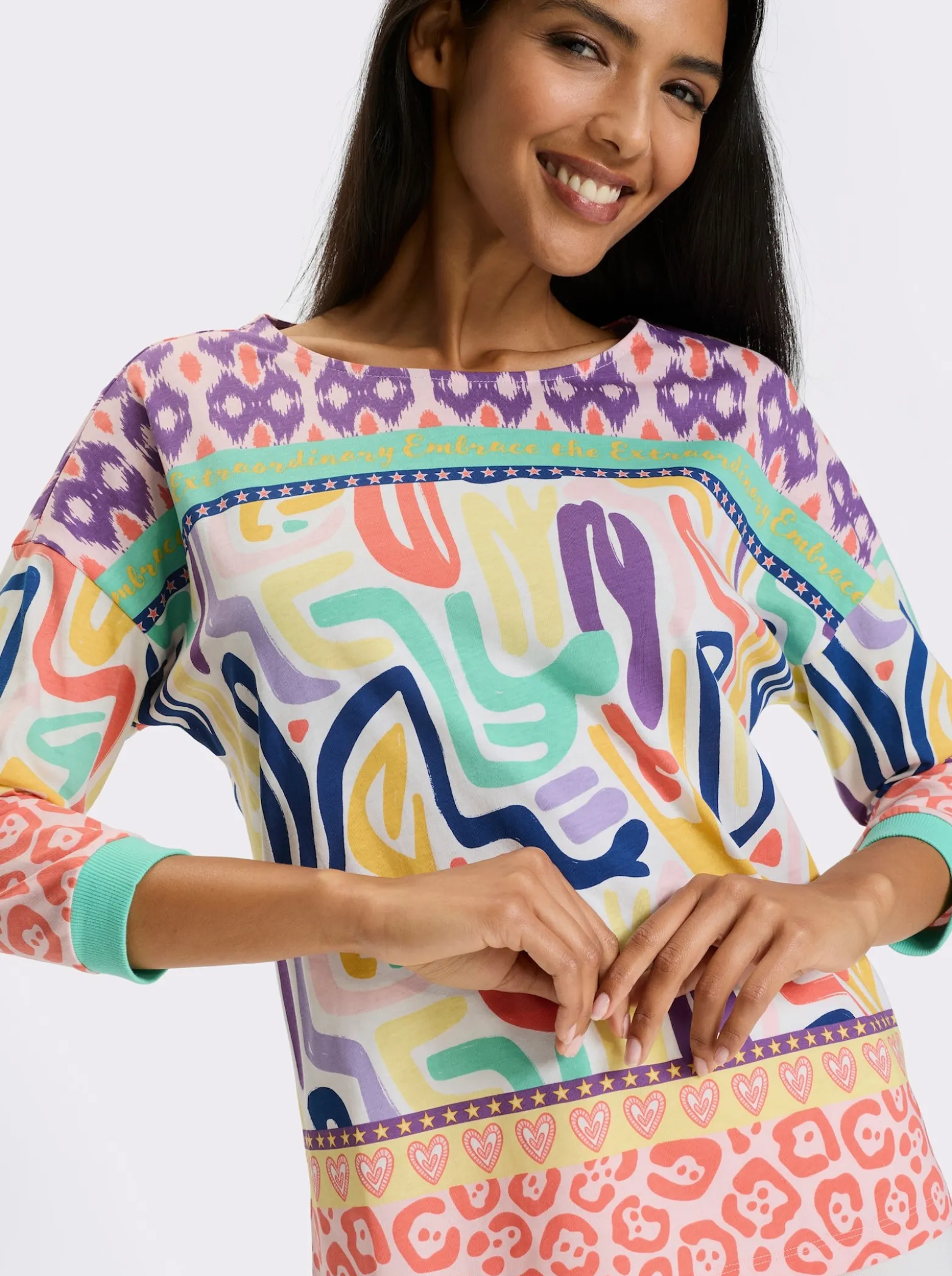 3/4-Arm-Shirt mit Bordüren-Print