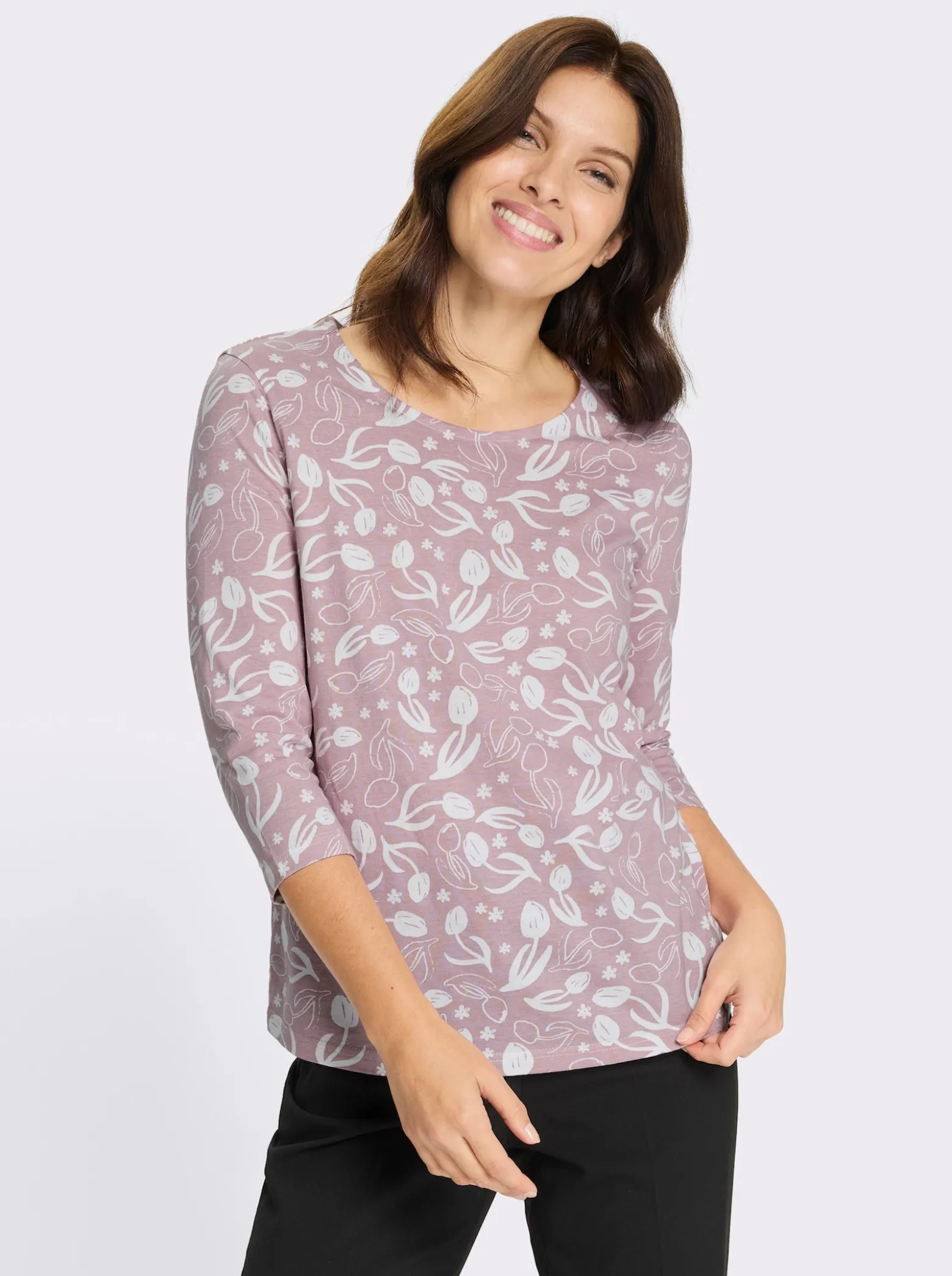 3/4-Arm-Shirt mit floralem Druck, Baumwolle