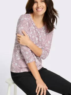 3/4-Arm-Shirt mit floralem Druck, Baumwolle