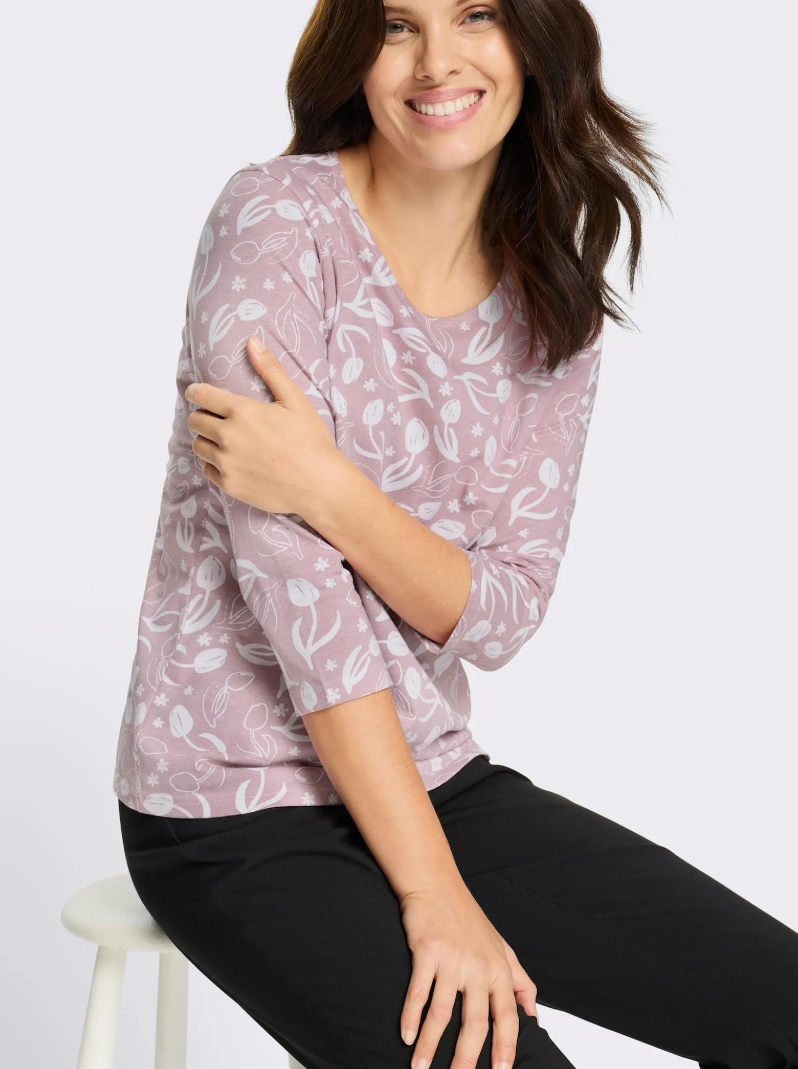 3/4-Arm-Shirt mit floralem Druck, Baumwolle