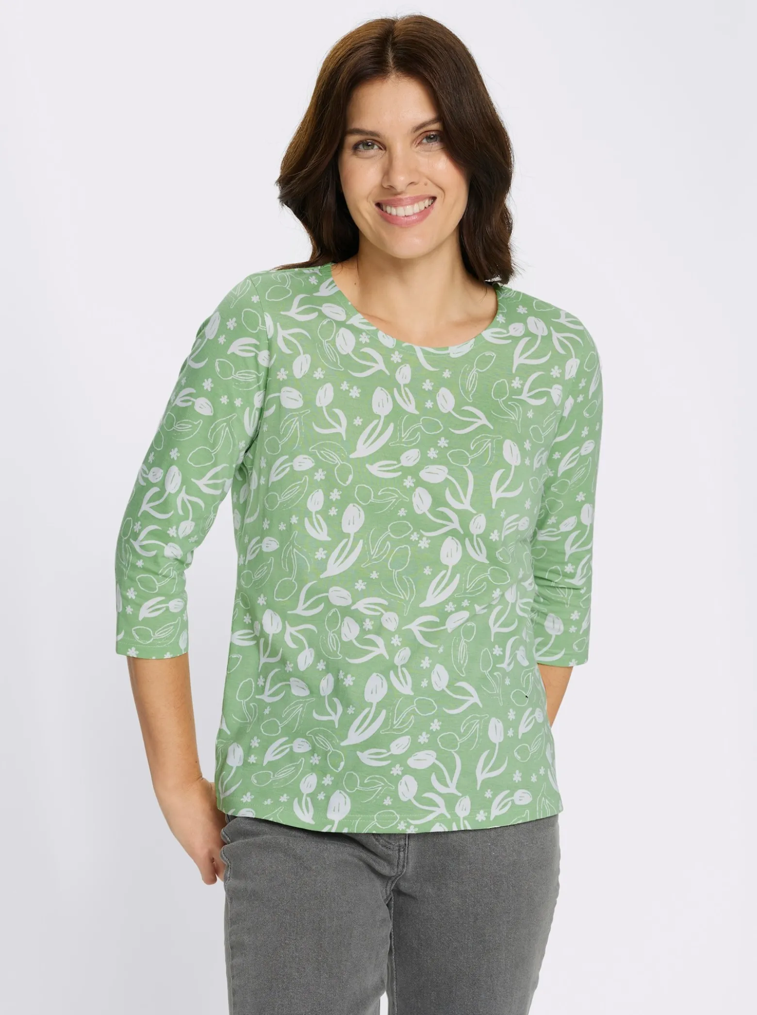 3/4-Arm-Shirt mit floralem Druck, Baumwolle