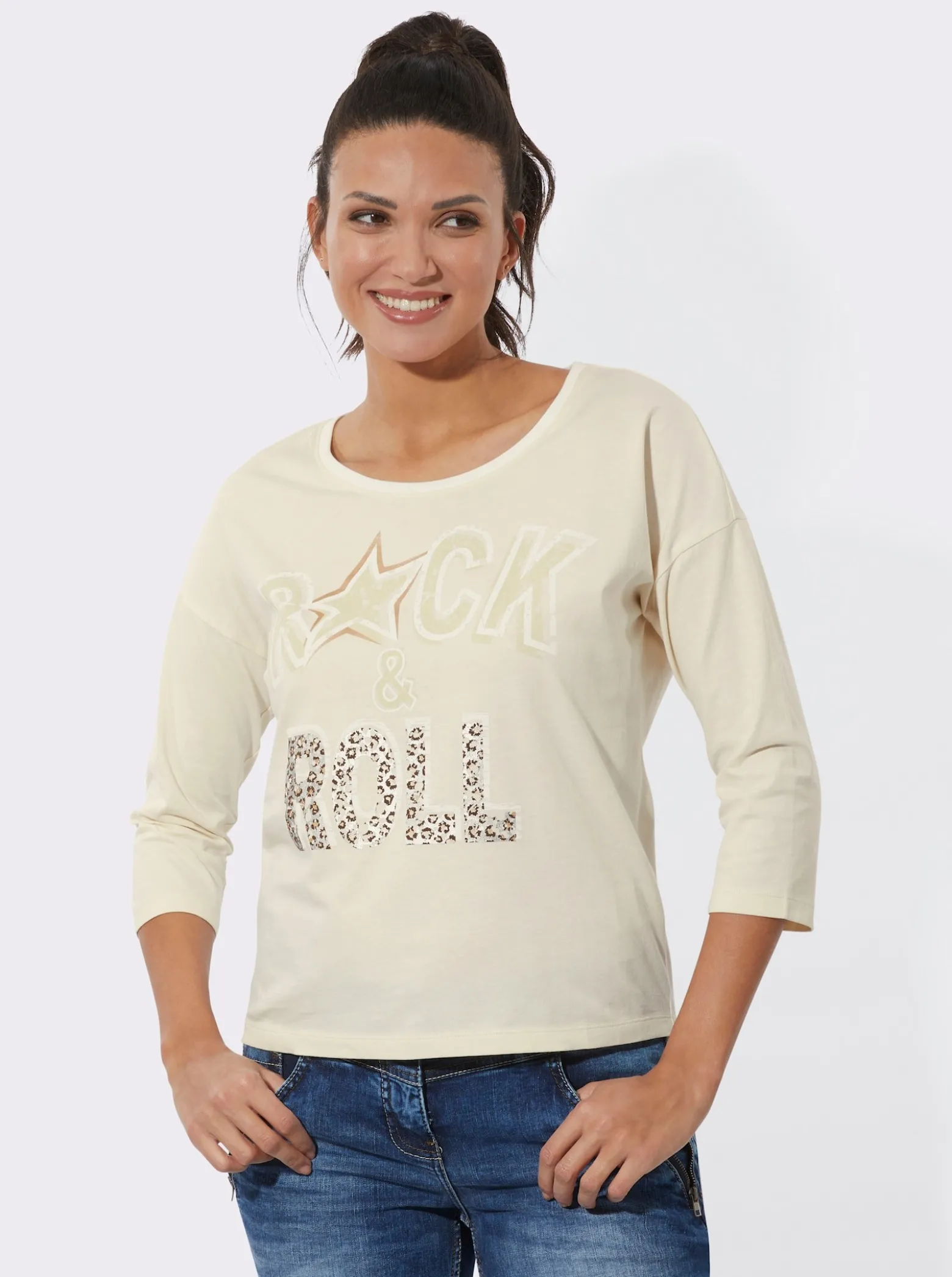 3/4-Arm-Shirt mit glänzendem Schriftzug