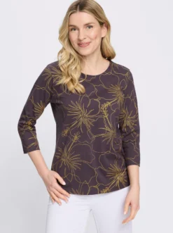 3/4-Arm-Shirt mit goldfarbenem Blütendruck