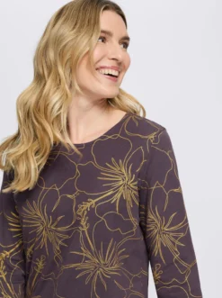 3/4-Arm-Shirt mit goldfarbenem Blütendruck