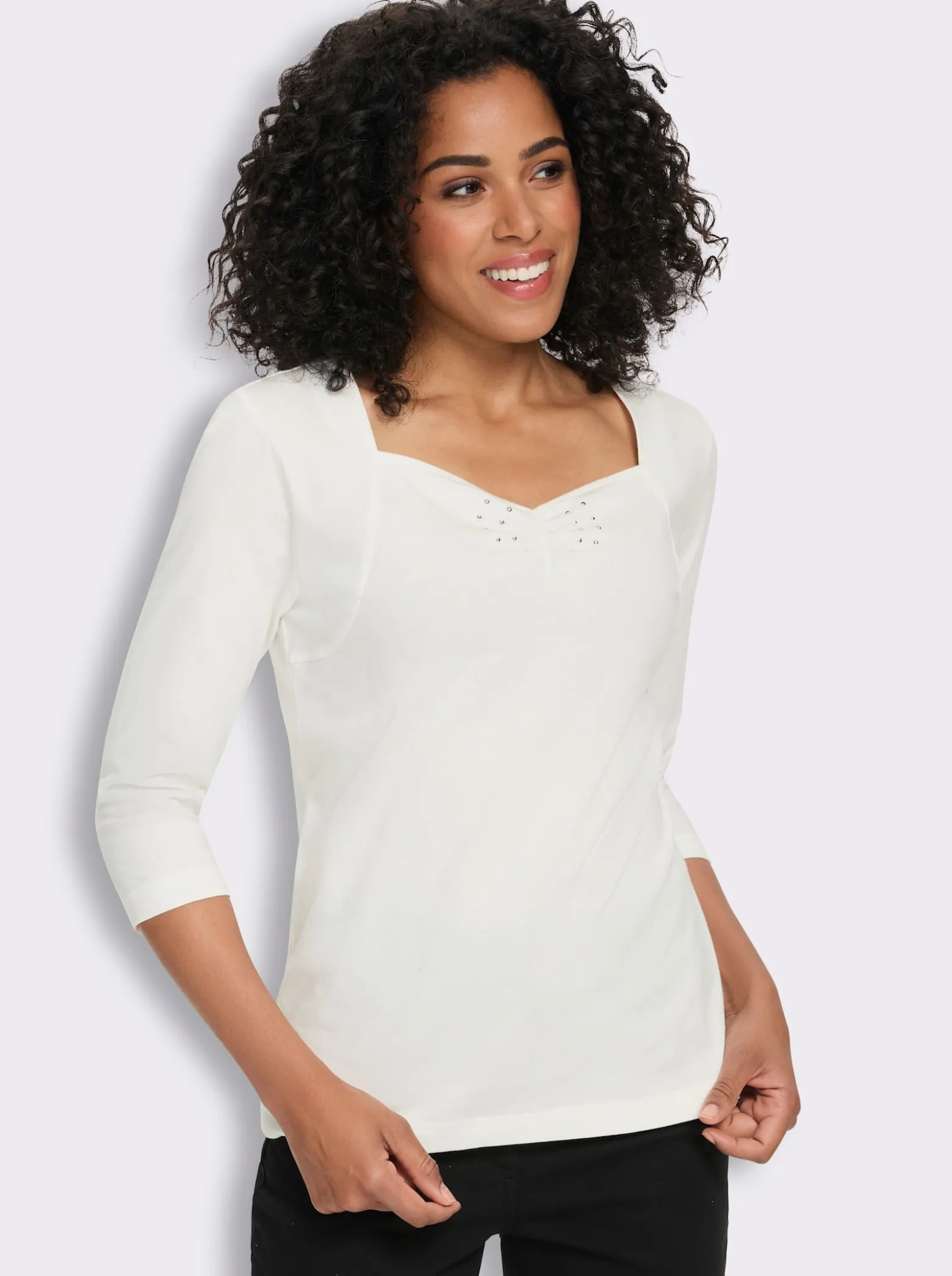 3/4-Arm-Shirt mit Herz-Ausschnitt, Baumwolle
