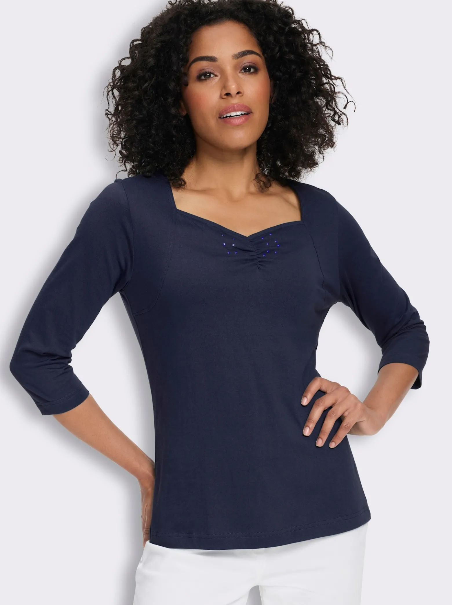 3/4-Arm-Shirt mit Herz-Ausschnitt, Baumwolle