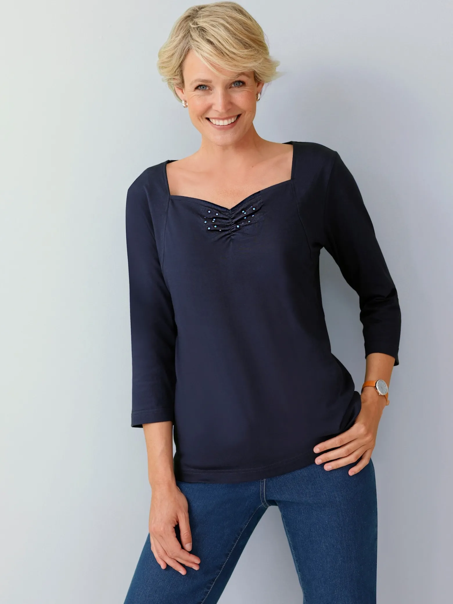 3/4-Arm-Shirt mit Herz-Ausschnitt, Baumwolle