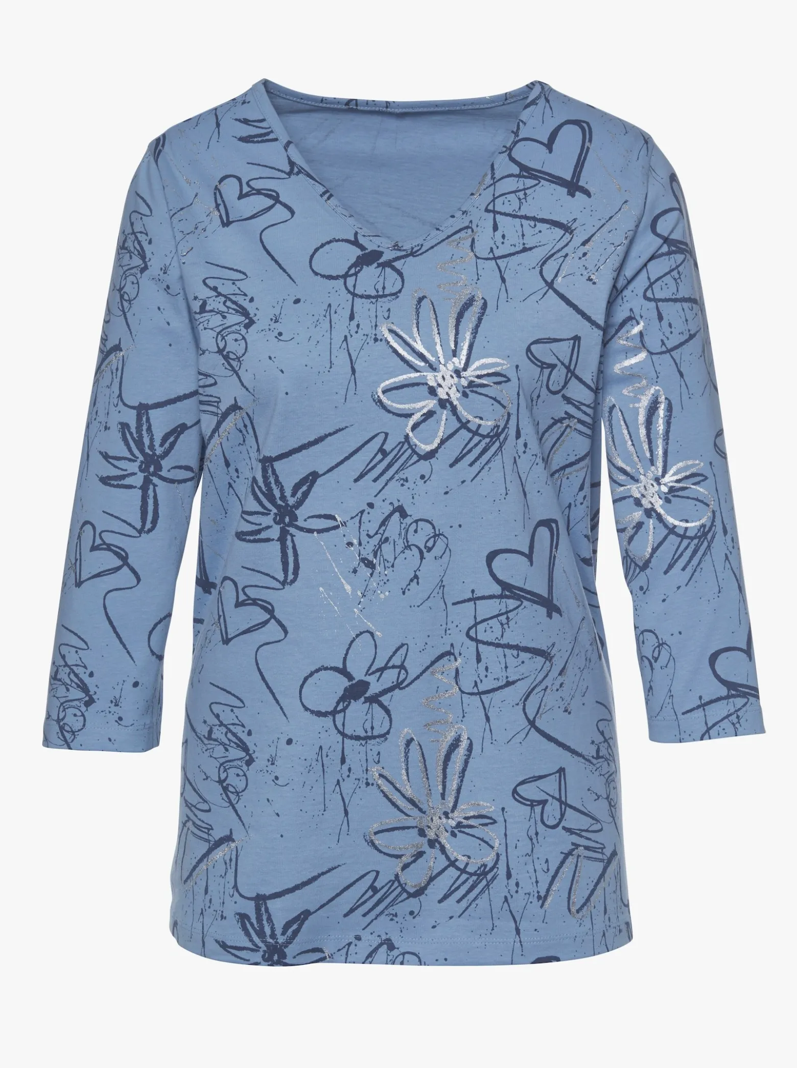 3/4-Arm-Shirt mit Herzen und Blüten verziert
