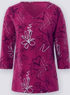 3/4-Arm-Shirt mit Herzen und Blüten verziert