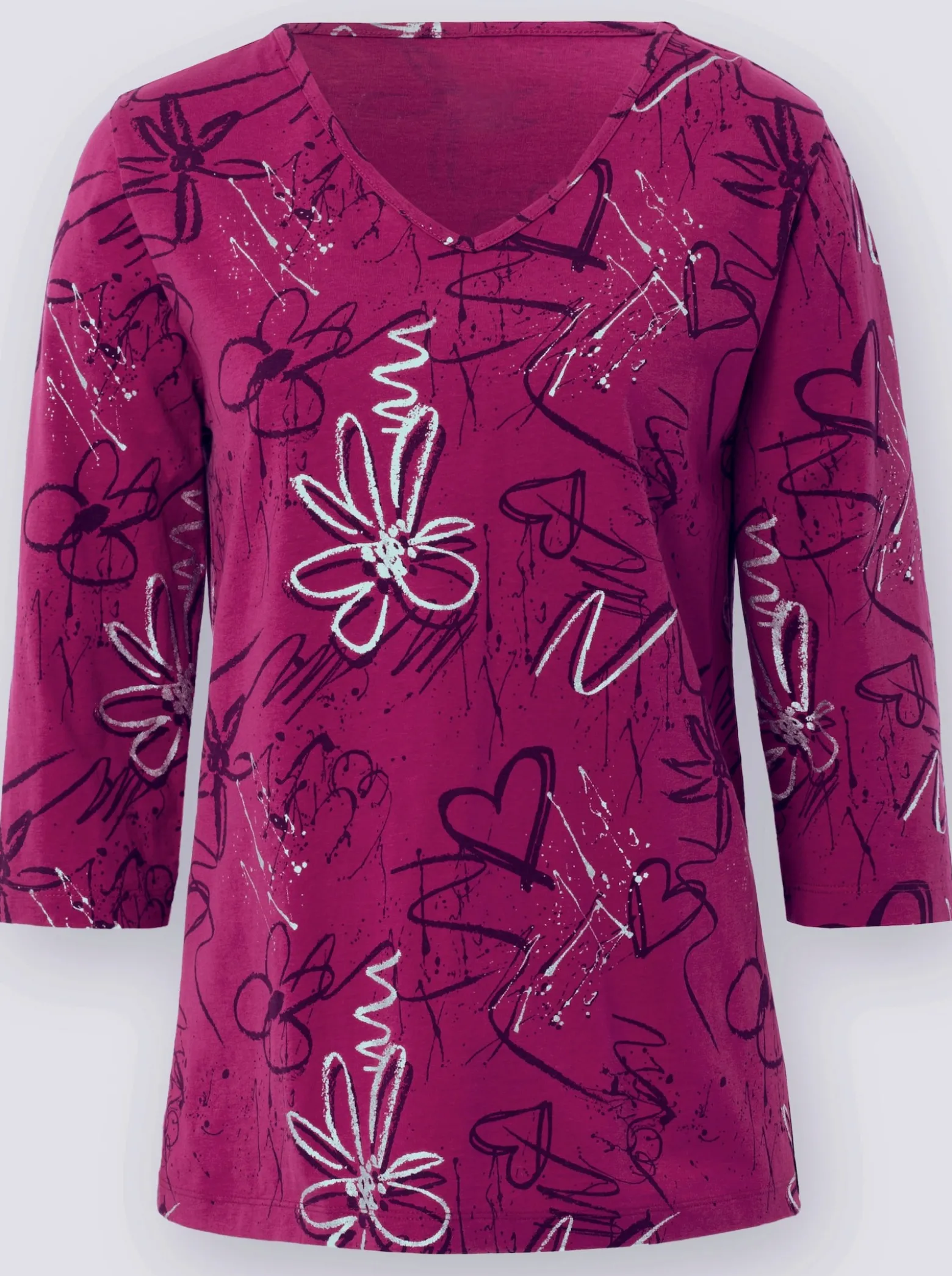 3/4-Arm-Shirt mit Herzen und Blüten verziert
