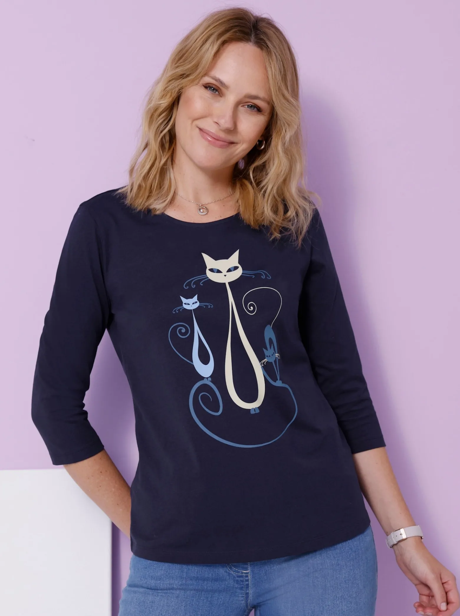 3/4-Arm-Shirt mit Katzen-Druck