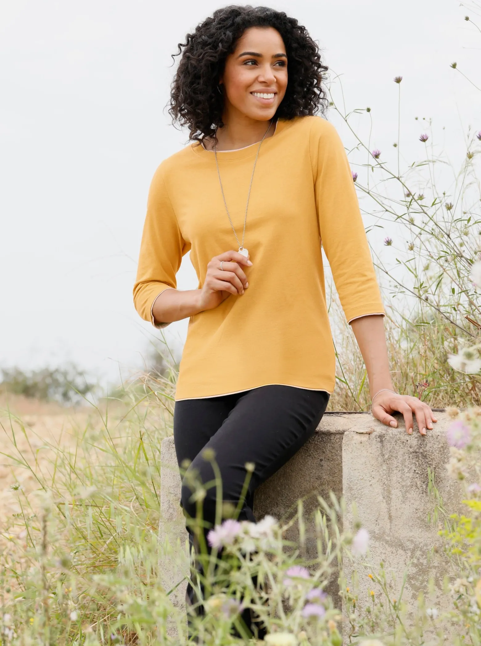 3/4-Arm-Shirt mit Kontrast-Blenden