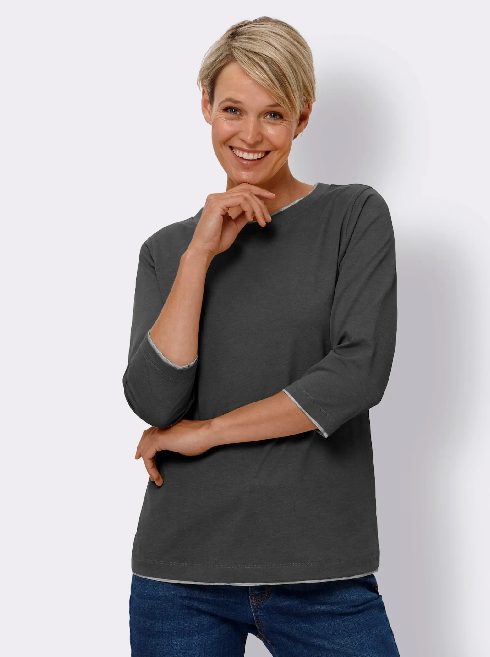 3/4-Arm-Shirt mit Kontrast-Blenden