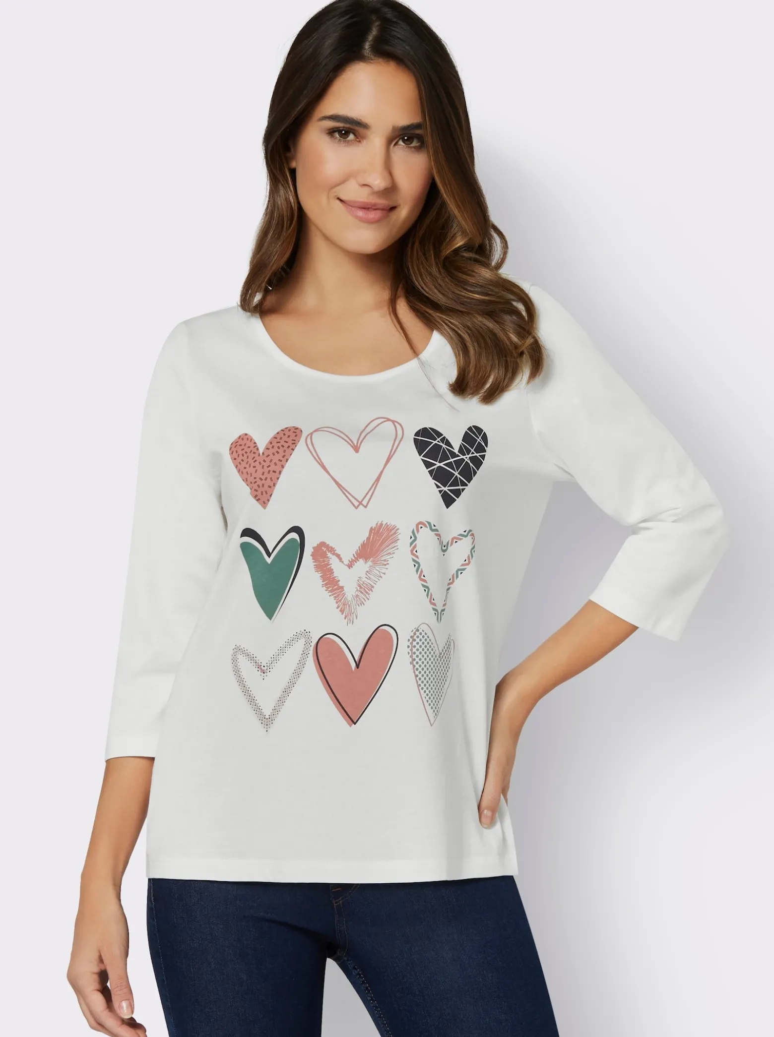 3/4-Arm-Shirt mit platziertem Herzmuster