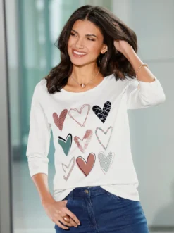 3/4-Arm-Shirt mit platziertem Herzmuster