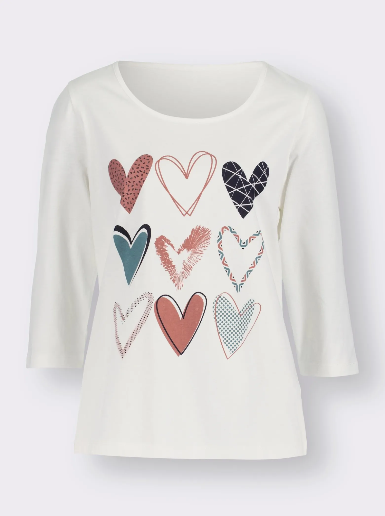 3/4-Arm-Shirt mit platziertem Herzmuster
