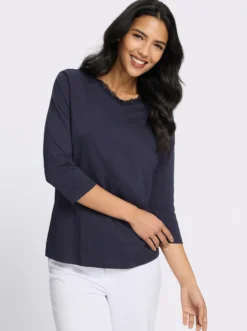 3/4-Arm-Shirt mit Spitze am Ausschnitt