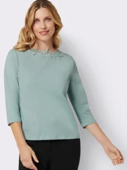 3/4-Arm-Shirt mit transparenter Blüten-Spitze