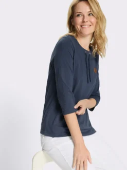 3/4-Arm-Shirt mit Tunnelzug am Rundhals-Ausschnitt