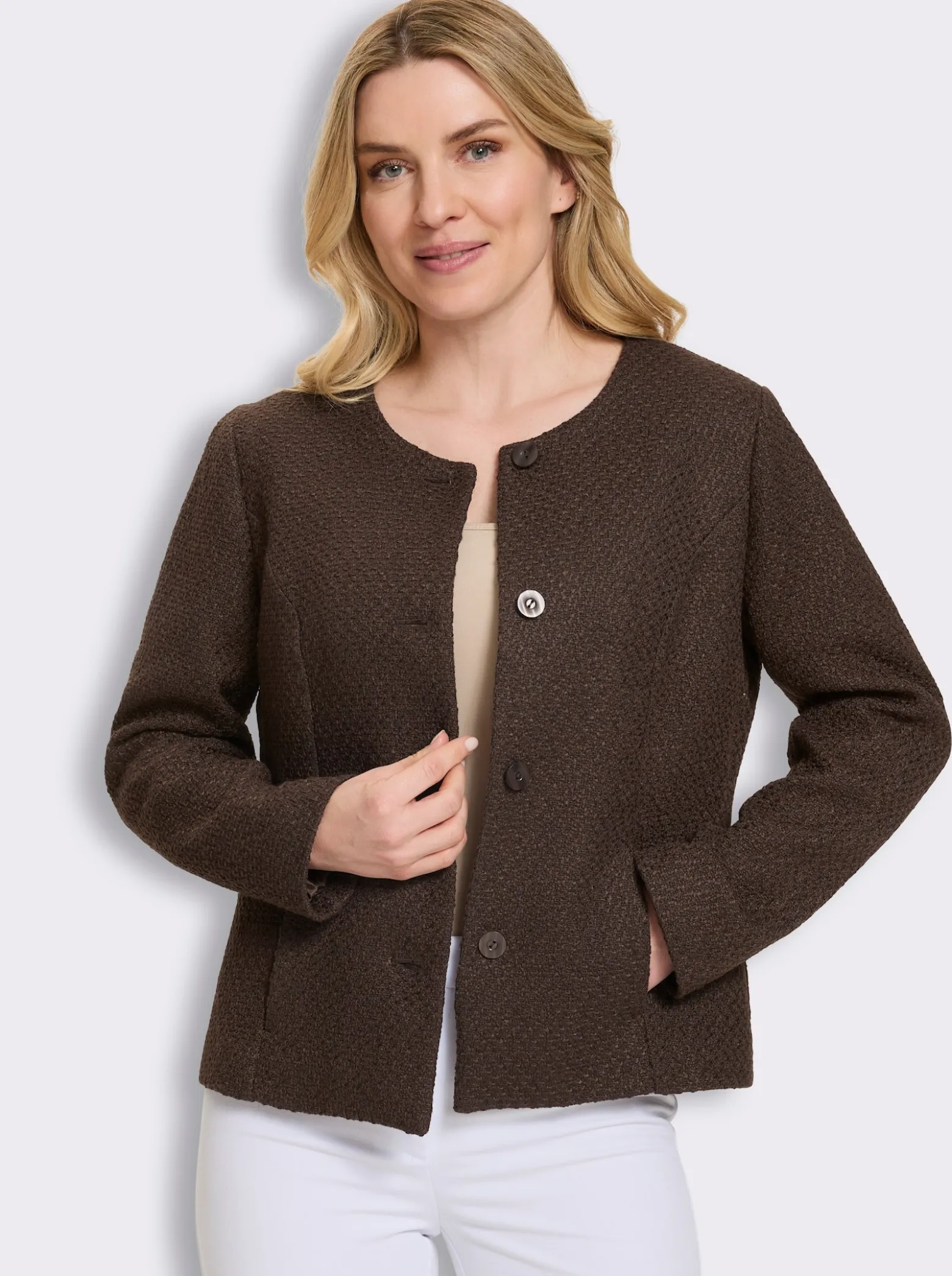 Bouclé-Blazer mit Rundhals-Ausschnitt