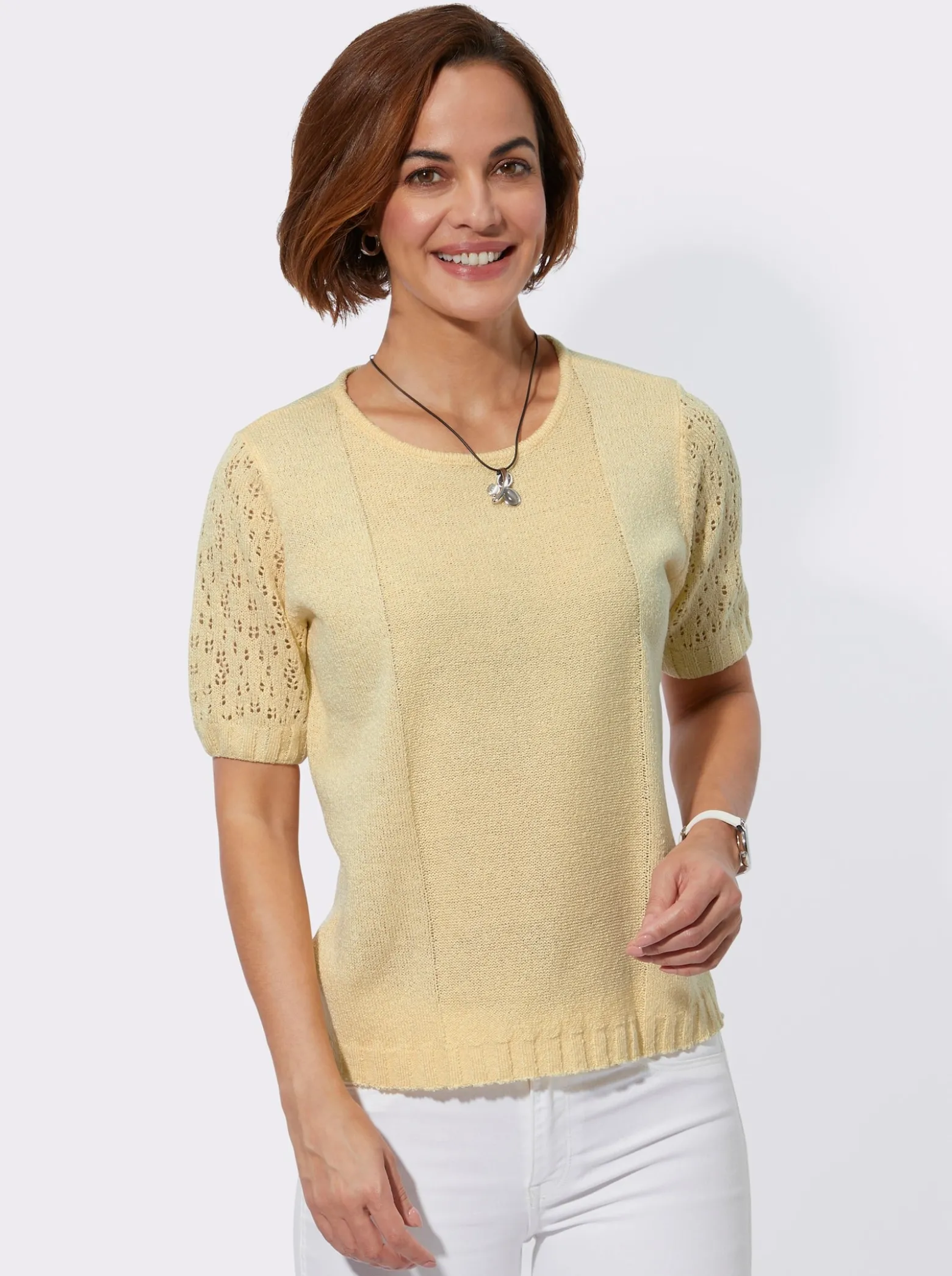 Bouclé-Pullover mit Ajourmuster-Ärmeln