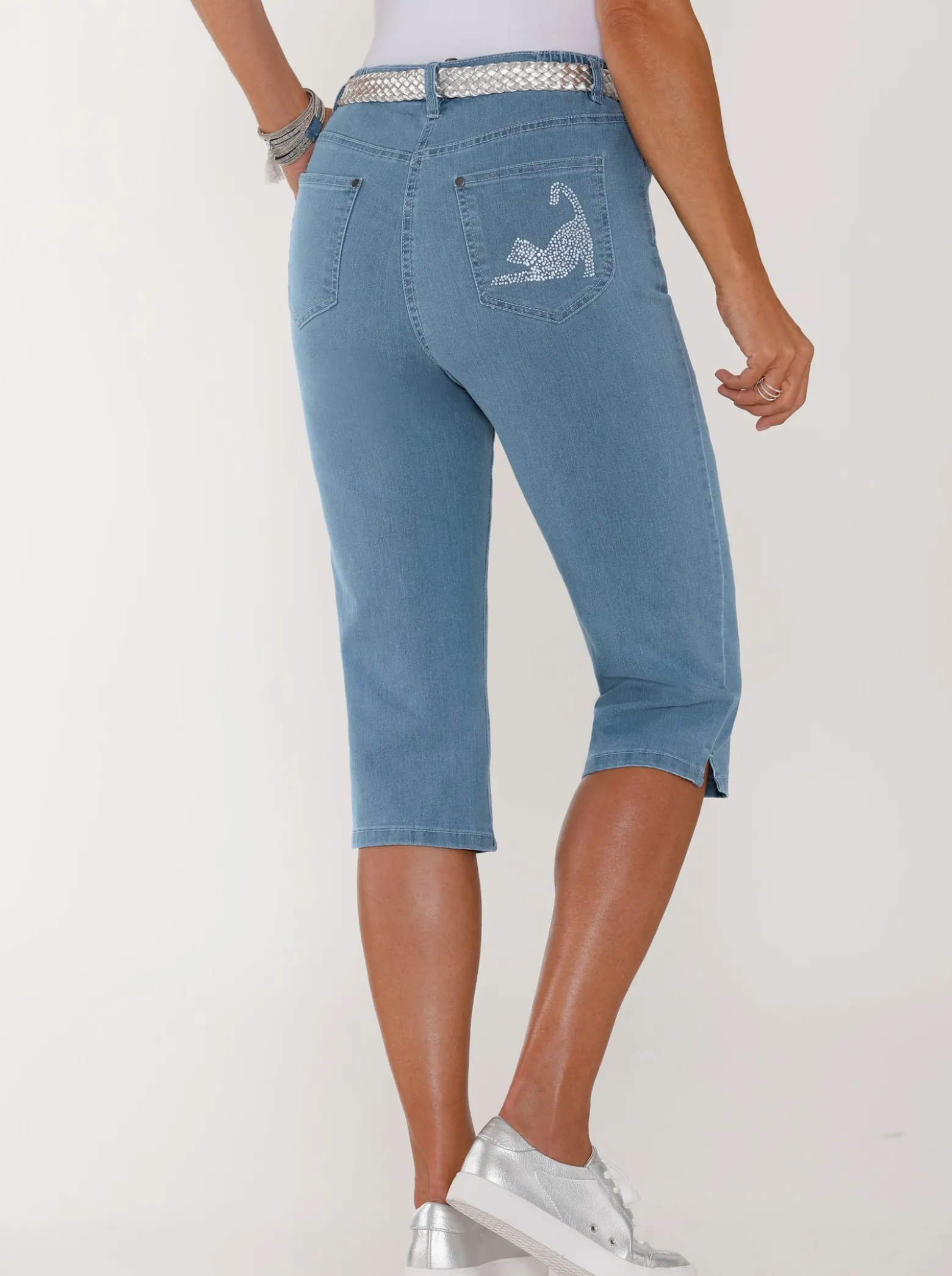 Caprijeans mit glitzerndem Katzenmotiv