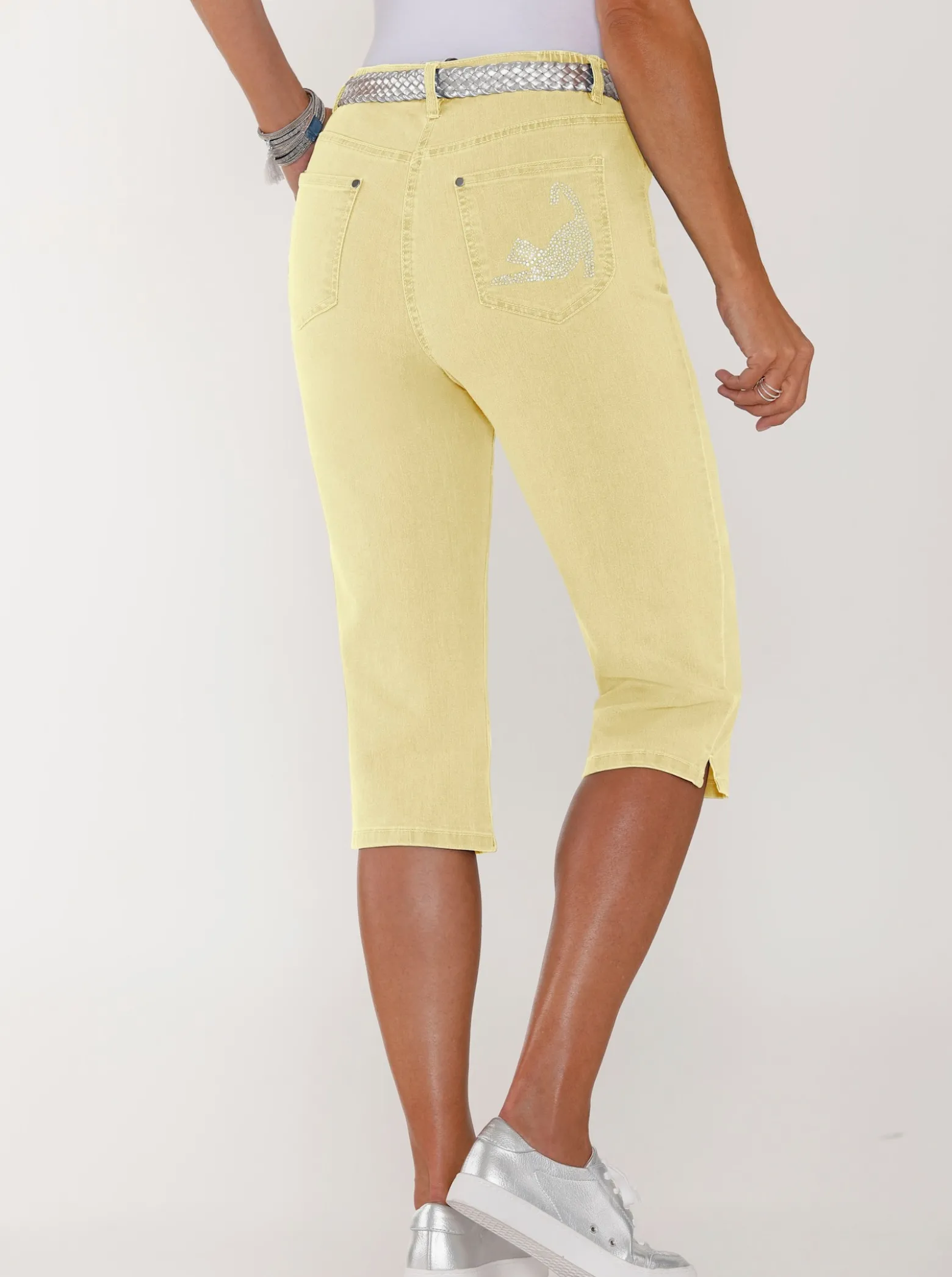 Caprijeans mit glitzerndem Katzenmotiv