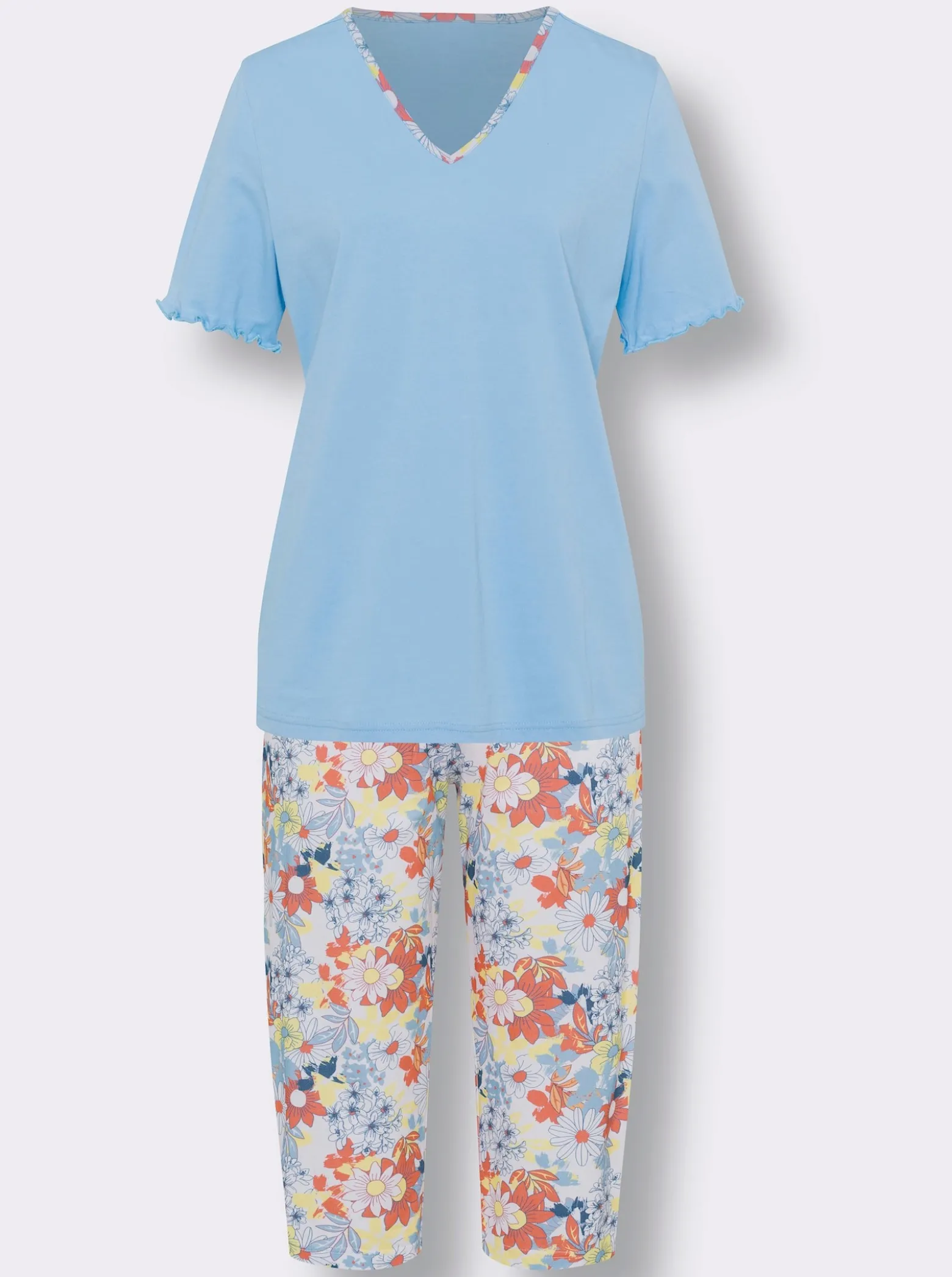 Capri-Schlafanzug mit V-Ausschnitt, floral bedruckt