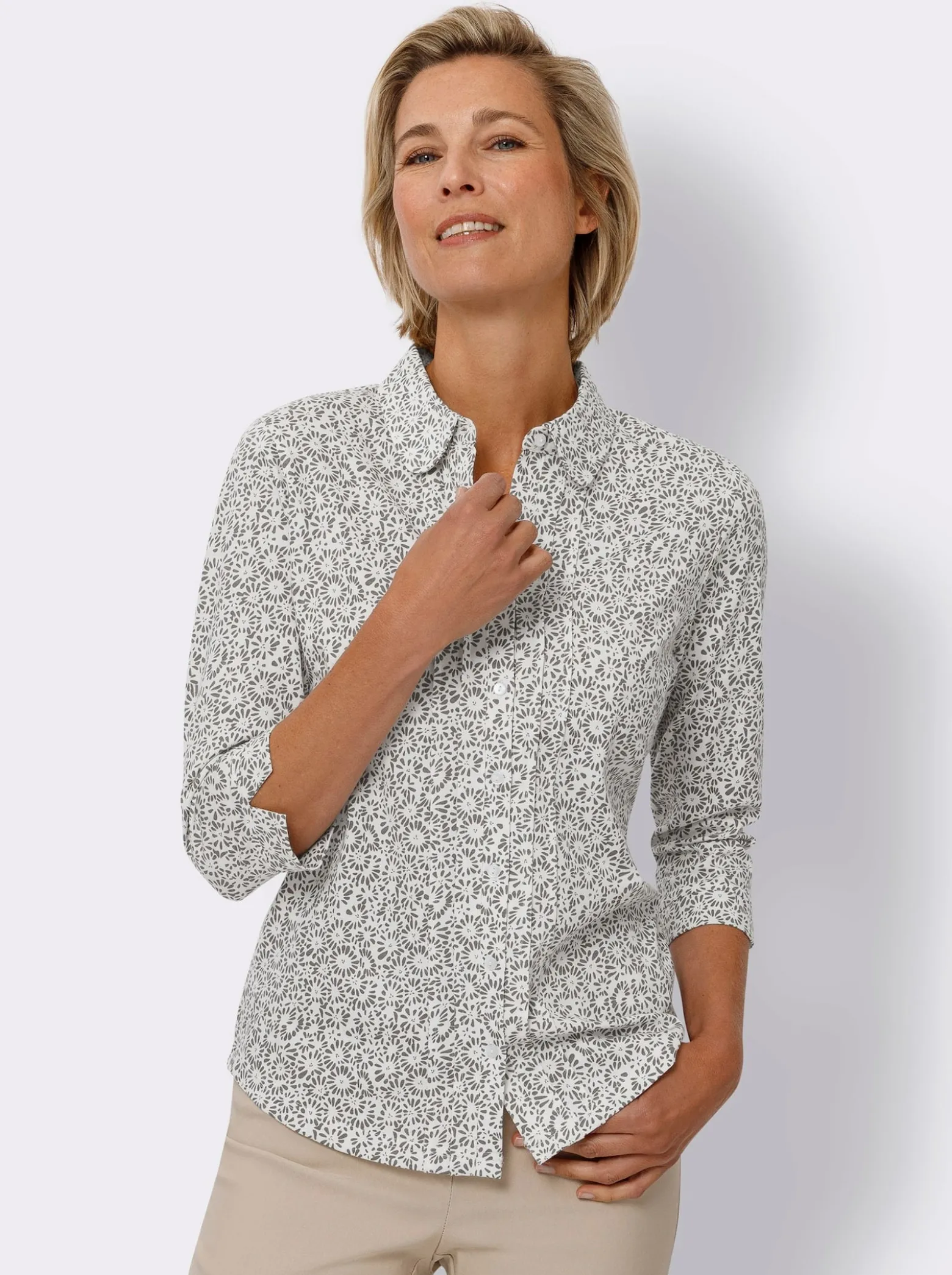 Druckbluse mit abgesteppten Biesen vorne