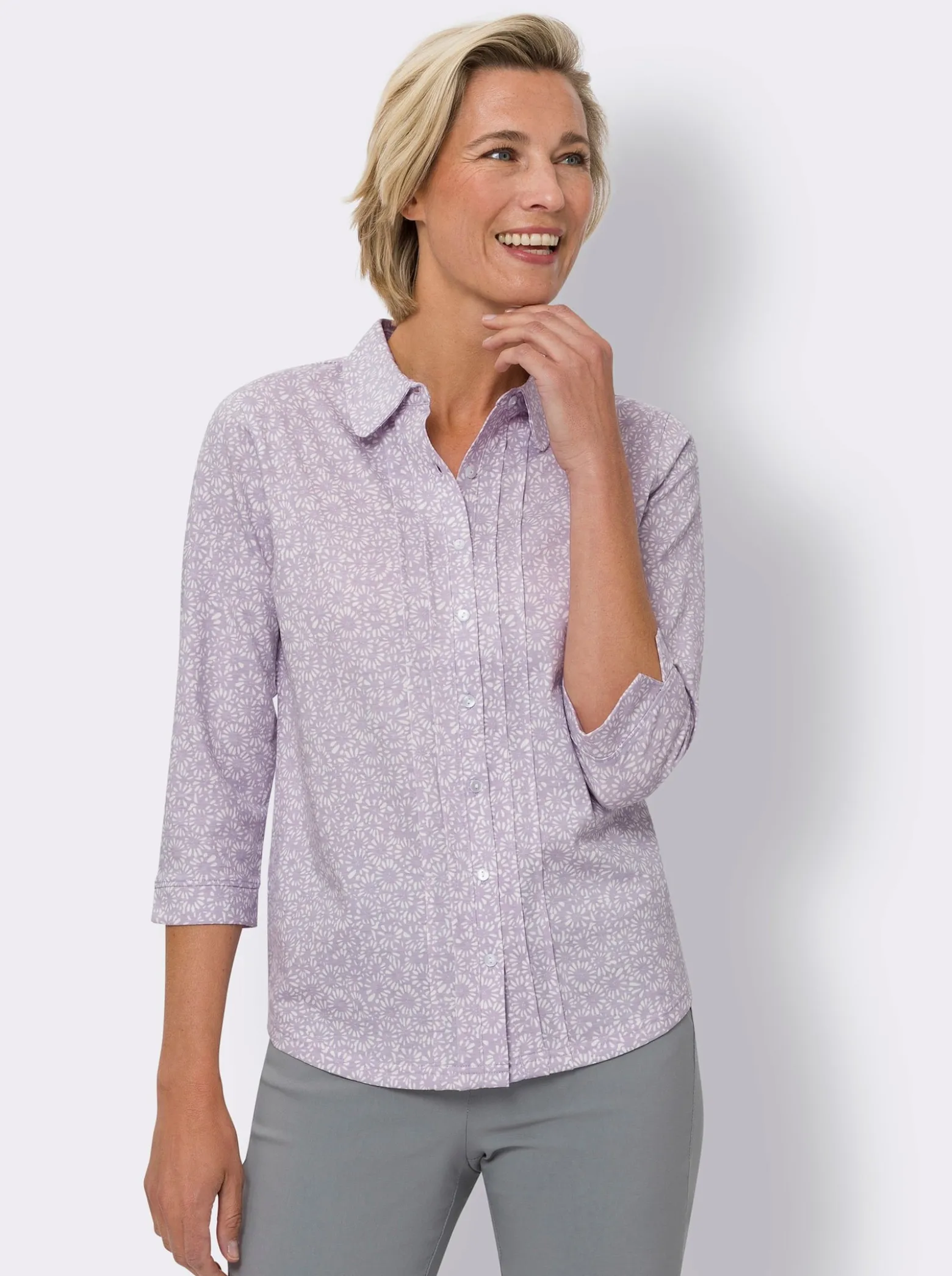 Druckbluse mit abgesteppten Biesen vorne