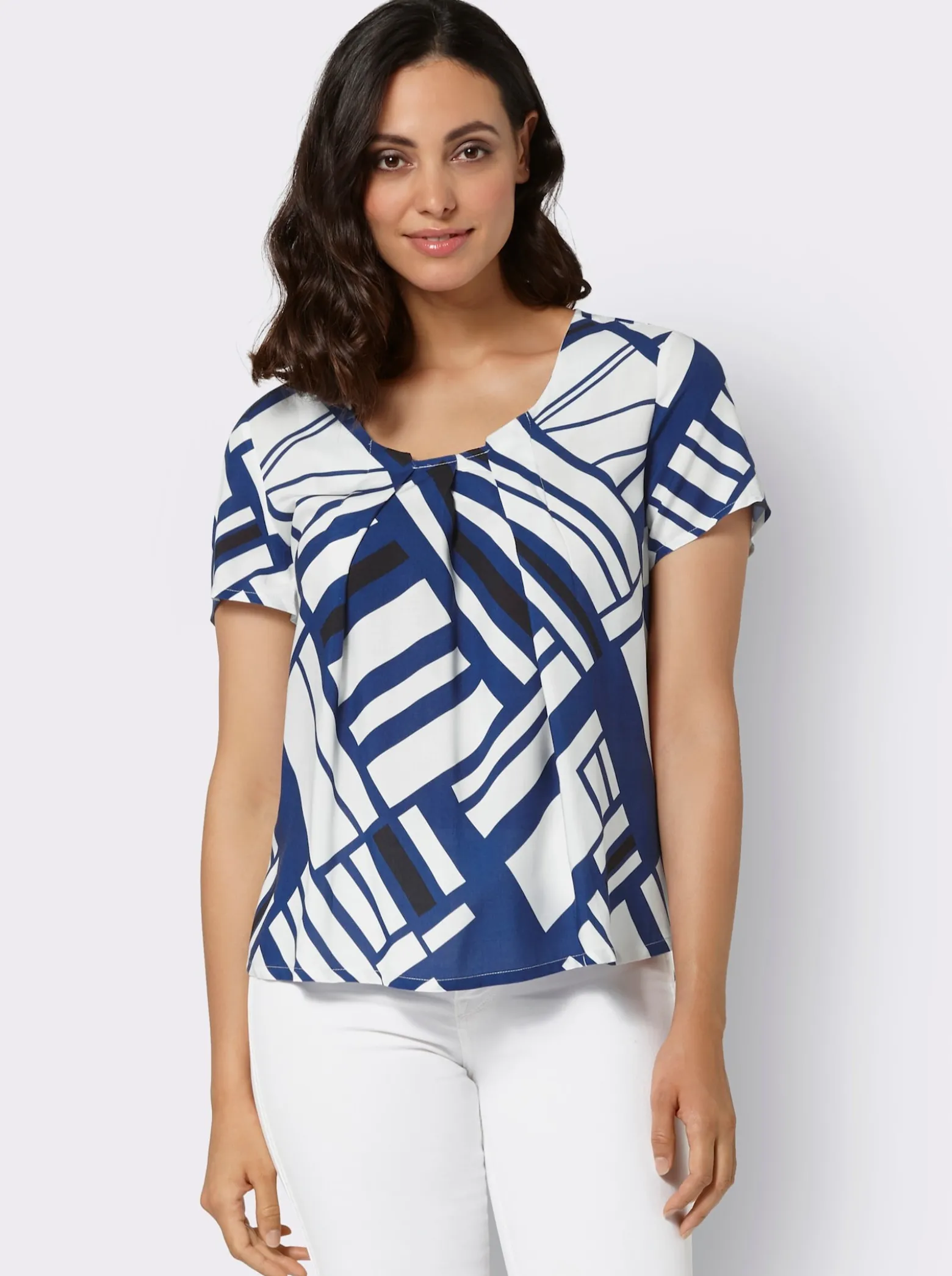 Druckbluse mit Falten am Ausschnitt