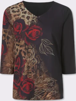 Druckbluse mit Leo- und Blüten-Print