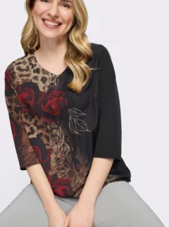 Druckbluse mit Leo- und Blüten-Print