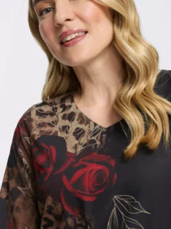 Druckbluse mit Leo- und Blüten-Print