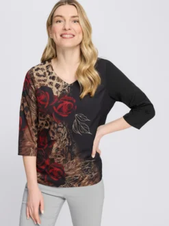 Druckbluse mit Leo- und Blüten-Print