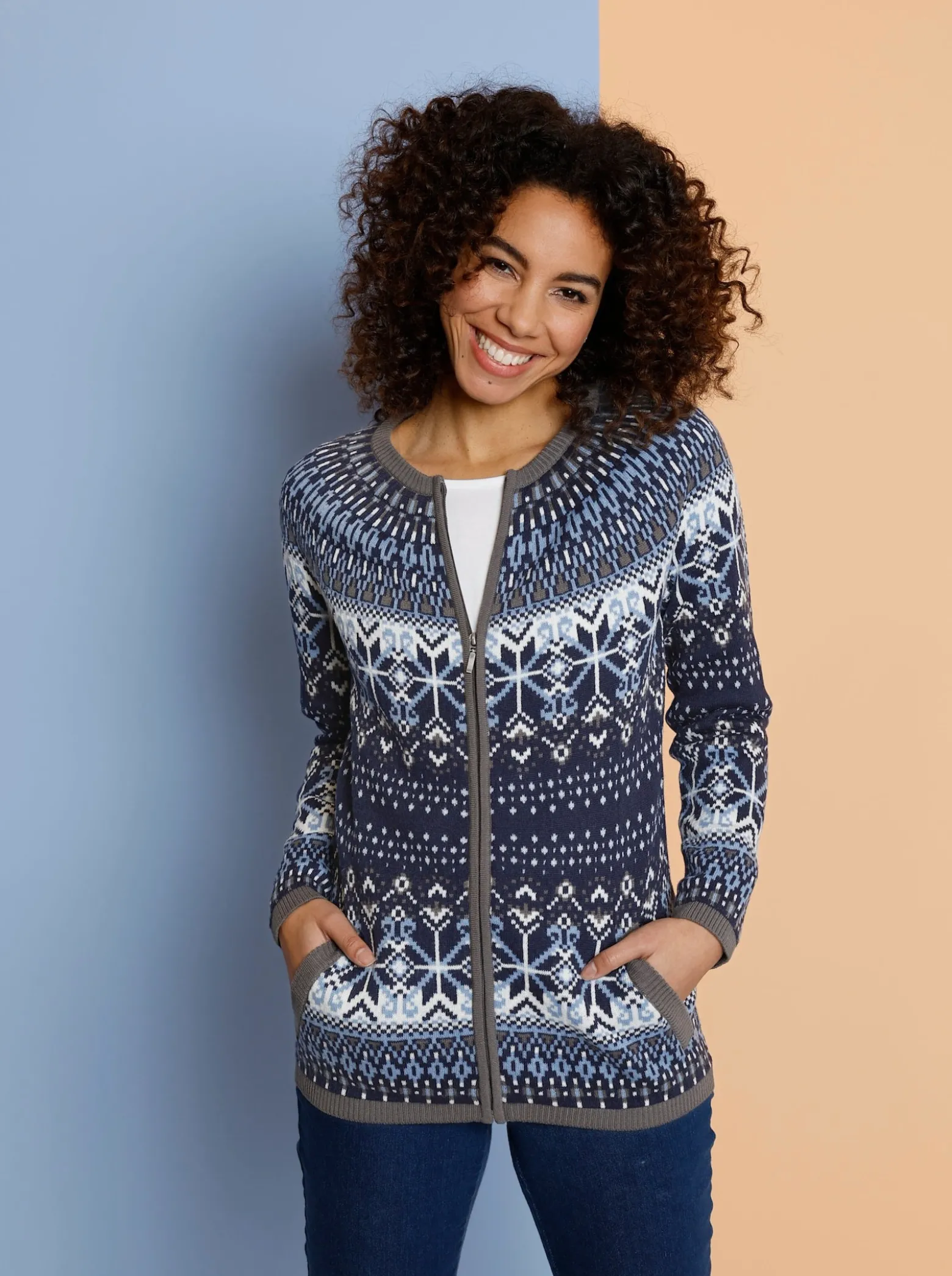 Jacquardstrickjacke im Norwegermuster