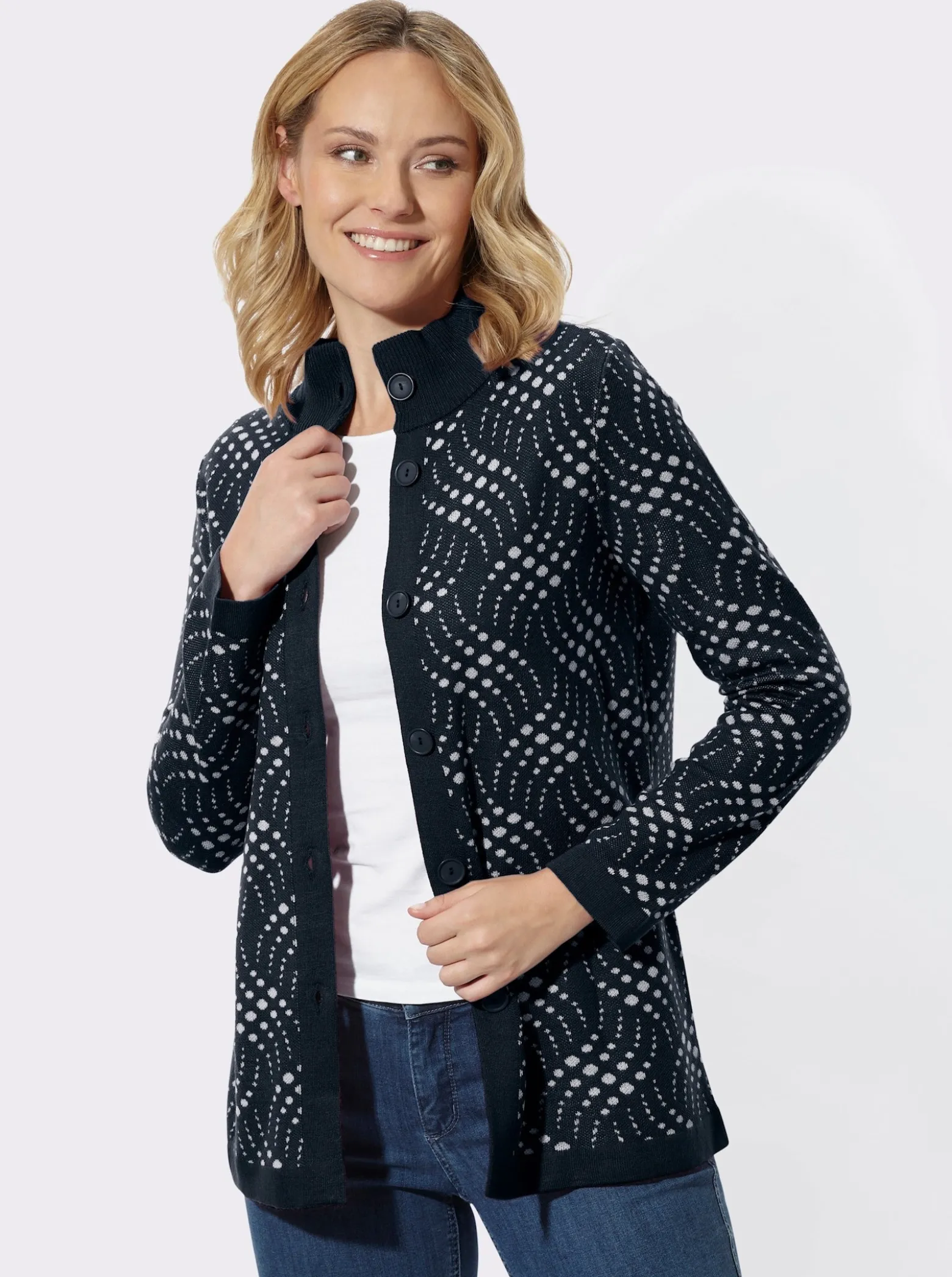 Jacquardstrickjacke mit zweifarbigem Muster